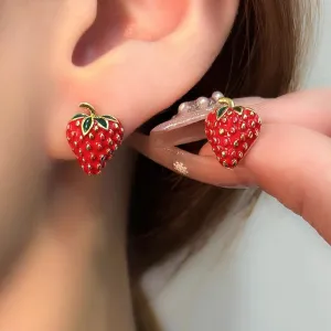 Cute Strawberry Fruits Small Stud Earrings Funny Red Enamel Lifelike Lucky Mini Hypoallergenic for Women Girls Jewelry
