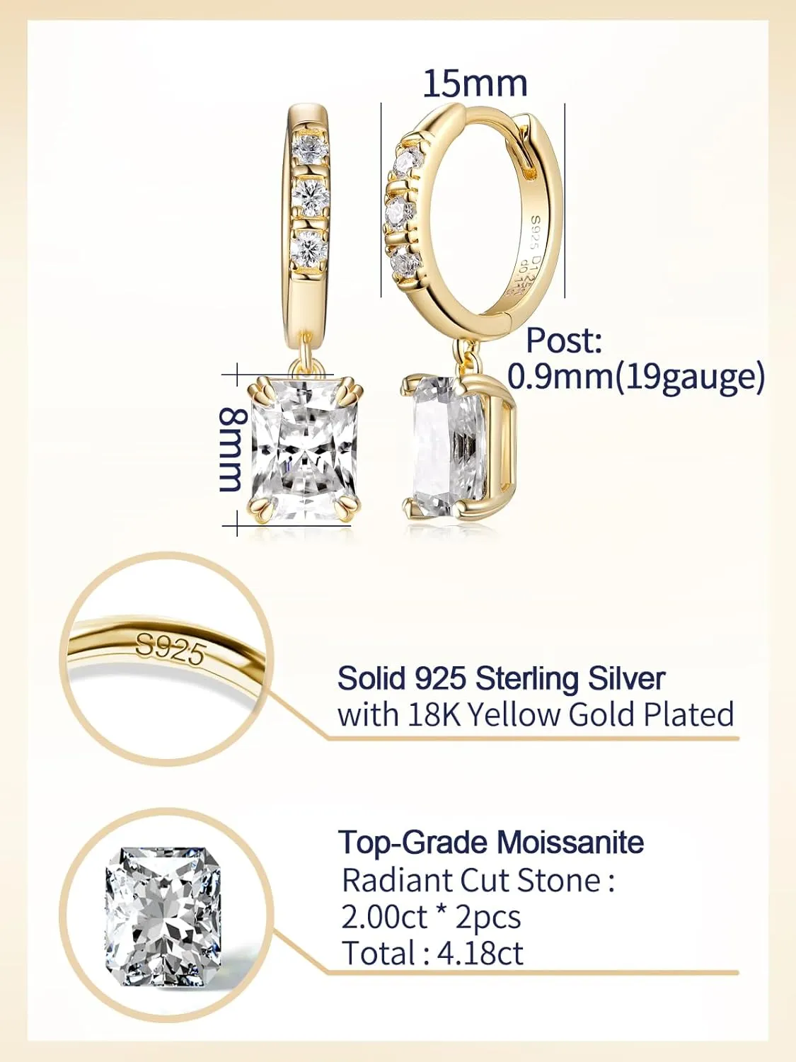 D Color VVS1 Clarity Moissanite Sparkle Dangle Hoop Earrings for Women, Radiant Cut/Pear Cut/Round Cut/Star/Sun, Solid 925 Sterling Silver, Anniversary Valentines Mother's Day Jewelry