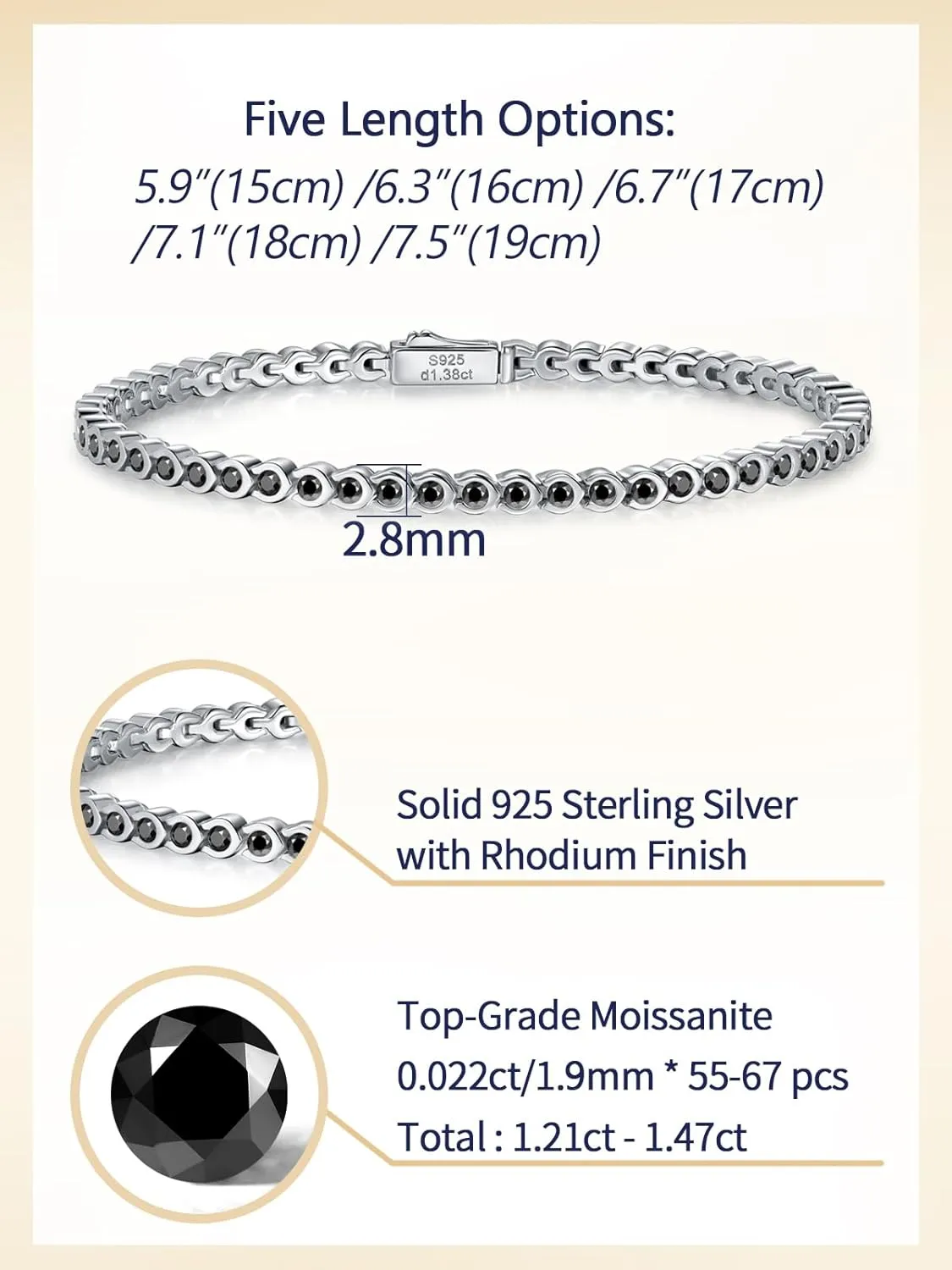 D Color VVS1 Clarity Moissanite Tennis Bracelet for Women, Really Authentic Solid 925 Sterling Silver, 5.5-7.5inch (14-19cm), Birthday Anniversary Valentines Mothers Day Ideal Gift for Her
