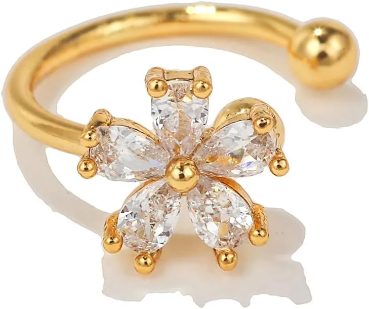 Dainty Crystal Flower Ear Cuff Earring Cubic Zirconia Cherry Blossom Cartilage Clip On Non Piercing Fake Huggie Hoops Earrings Cute Birthday New Year Jewelry Gifts for Women Teen Girls Bff