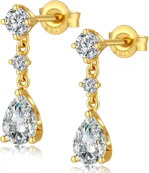 Dainty Dangle Drop Earrings for Women, 18K White Gold Simulated Diamond Stud Earrings 925 Sterling Silver Cubic Zirconia Small Drop Earrings for Women