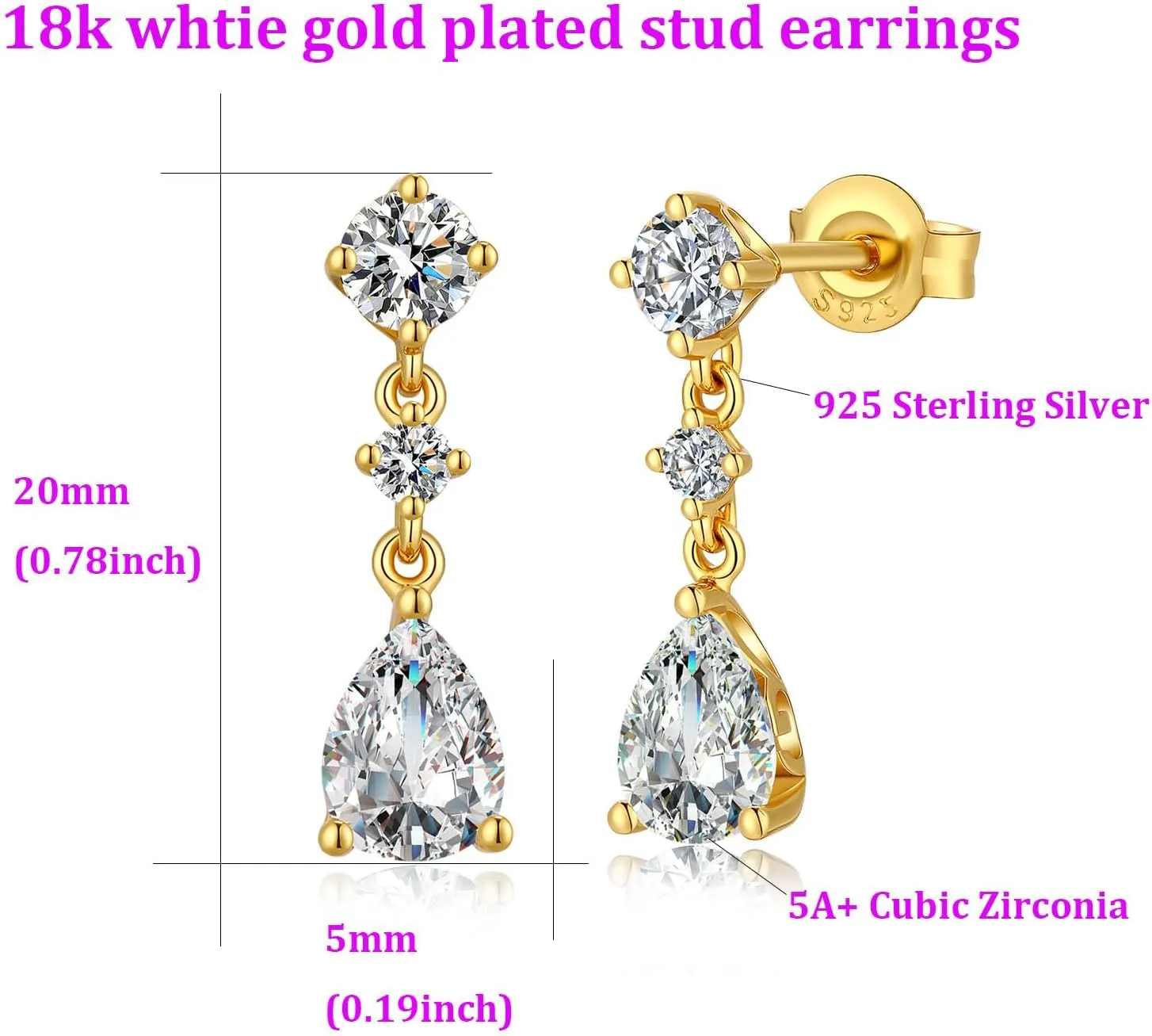 Dainty Dangle Drop Earrings for Women, 18K White Gold Simulated Diamond Stud Earrings 925 Sterling Silver Cubic Zirconia Small Drop Earrings for Women