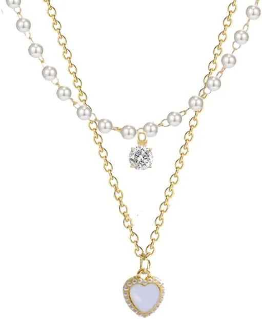 Dainty Layered Heart Pendant Necklace Lucky Pearl Gold Plated Chain Necklace for Women Friend Mother's Day Gifts Jewelry