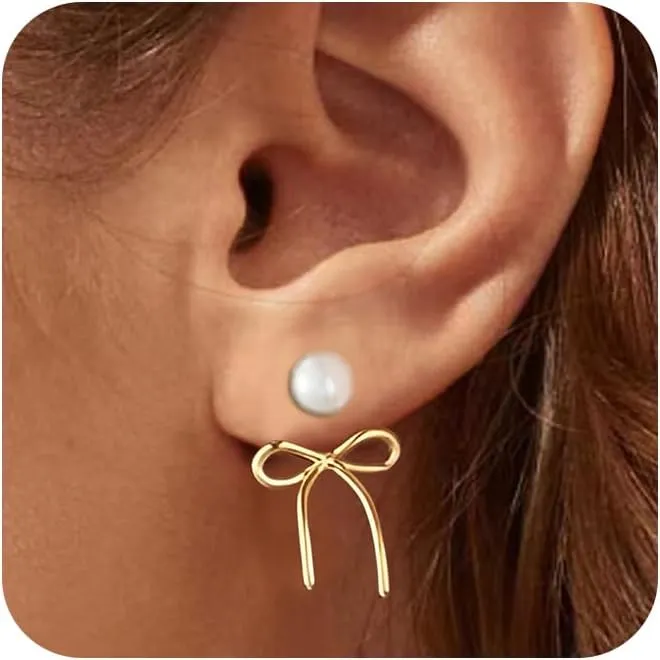Dainty Pearl Earrings 14K Gold/Silver Plated Small Pearl Ball Jacket Stud Earrings for Women Trendy Cute Front Back Bow Dangle Earrings for Women Hypoallergenic Wedding Earrings Jewelry