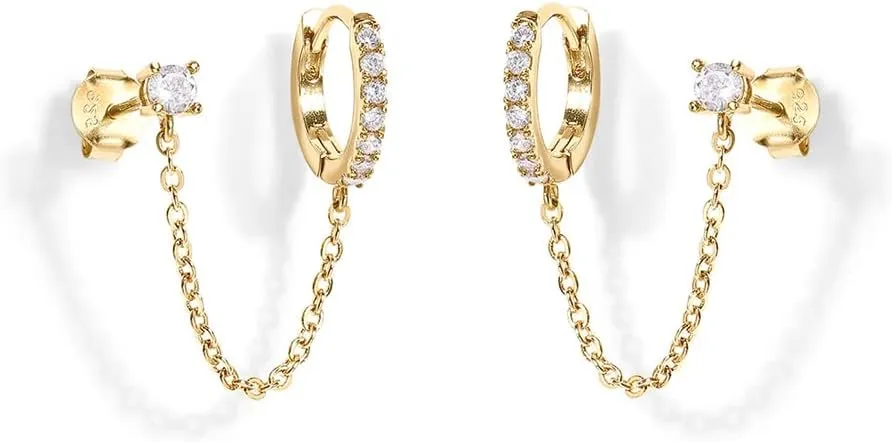 Dainty Round CZ Stud Small Hoop Cuff Cartilage Double Piercing Earrings for Women 925 Sterling Silver Threader Chain Drop Dangle Delicate Two Holes Crystal Crawler Hypoallergenic
