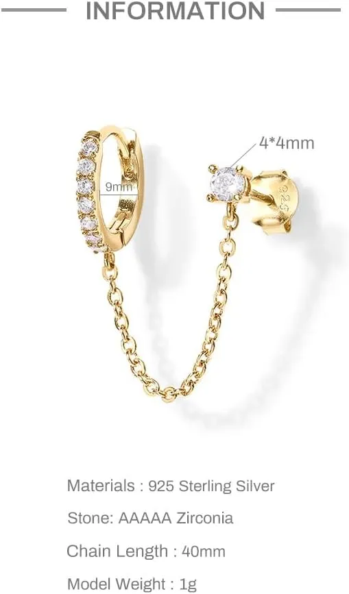 Dainty Round CZ Stud Small Hoop Cuff Cartilage Double Piercing Earrings for Women 925 Sterling Silver Threader Chain Drop Dangle Delicate Two Holes Crystal Crawler Hypoallergenic
