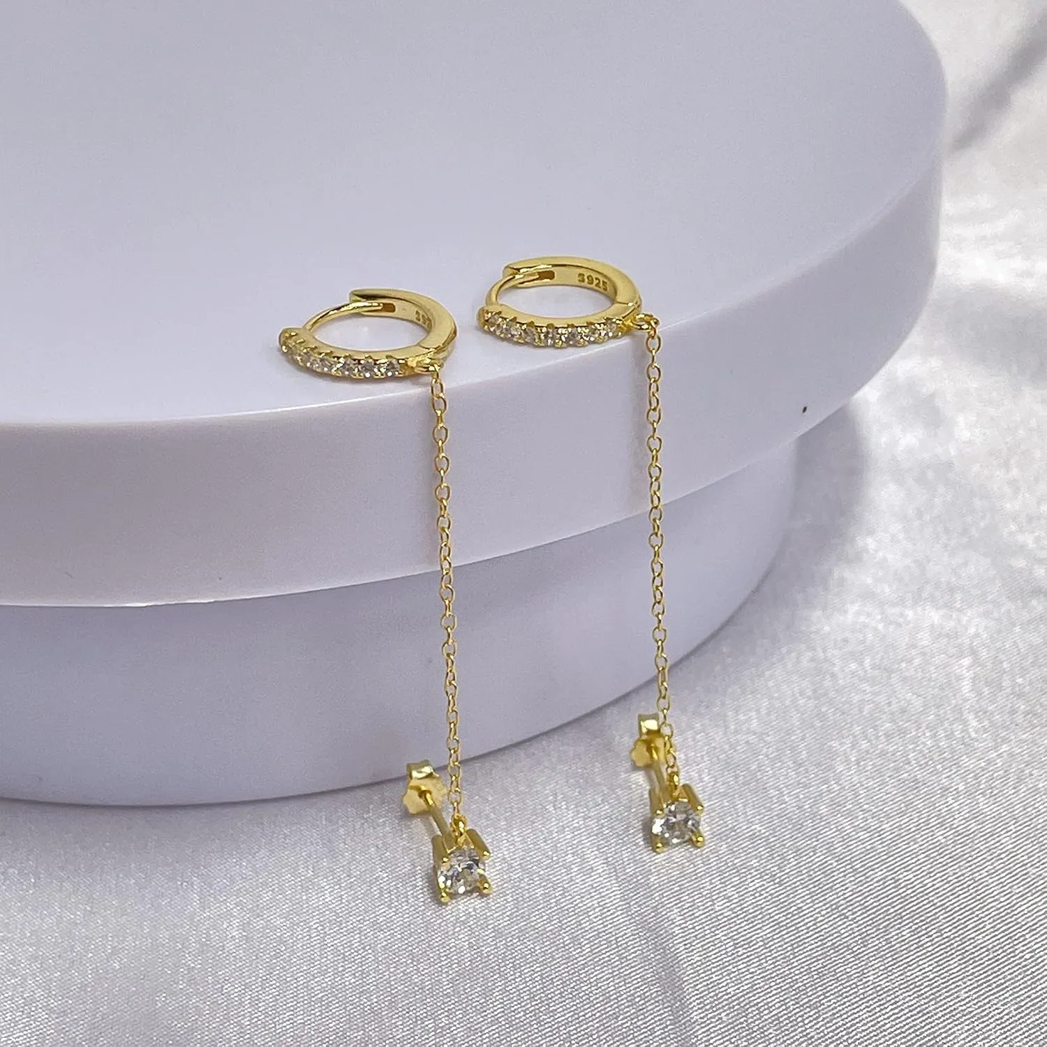 Dainty Round CZ Stud Small Hoop Cuff Cartilage Double Piercing Earrings for Women 925 Sterling Silver Threader Chain Drop Dangle Delicate Two Holes Crystal Crawler Hypoallergenic