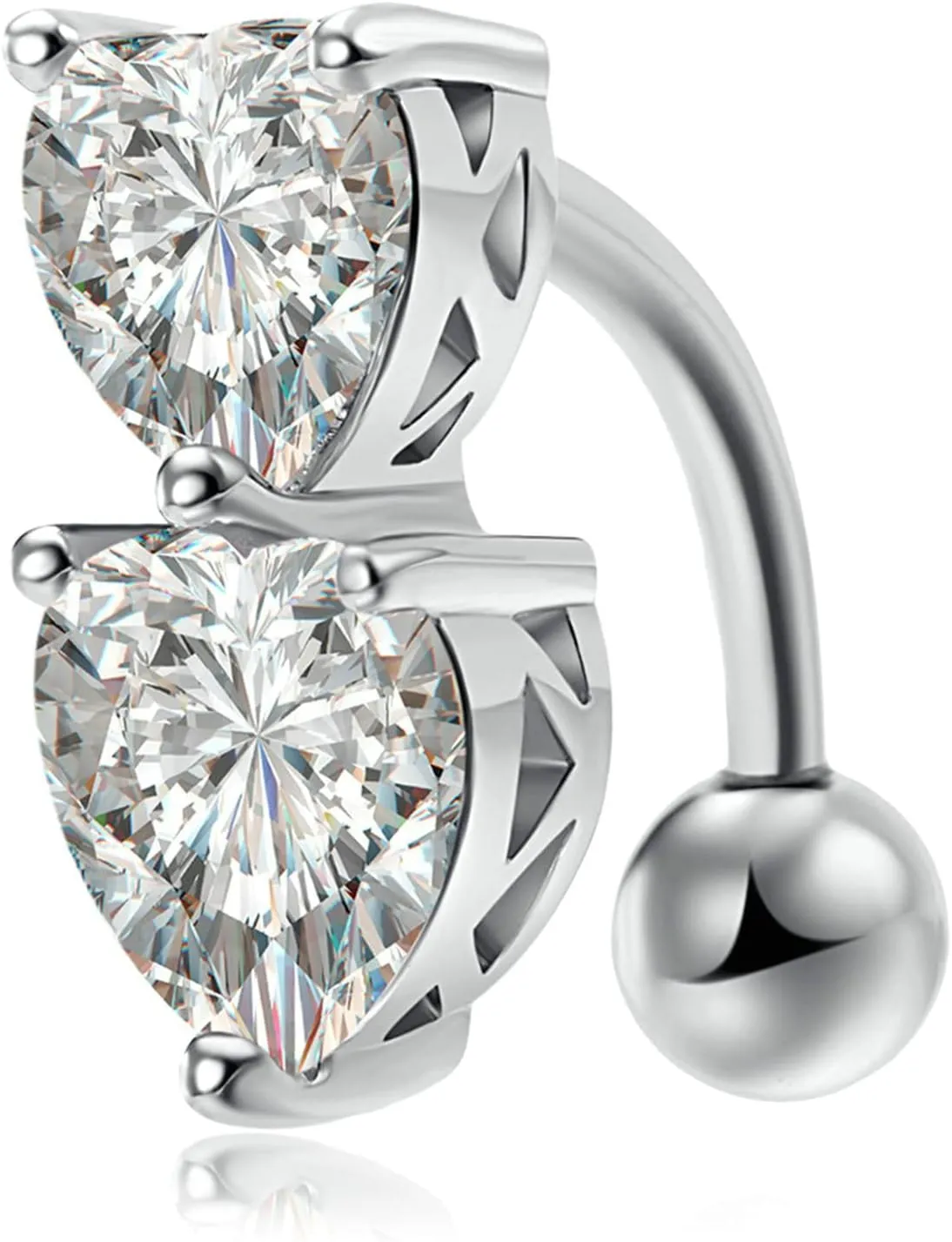 Dangle Navel Ring Stainless Steel, CZ Dangle Navel Rings for Women Two Heart Shape Silver Navel Rings