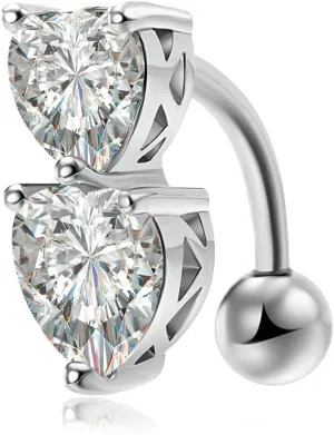 Dangle Navel Ring Stainless Steel, CZ Dangle Navel Rings for Women Two Heart Shape Silver Navel Rings