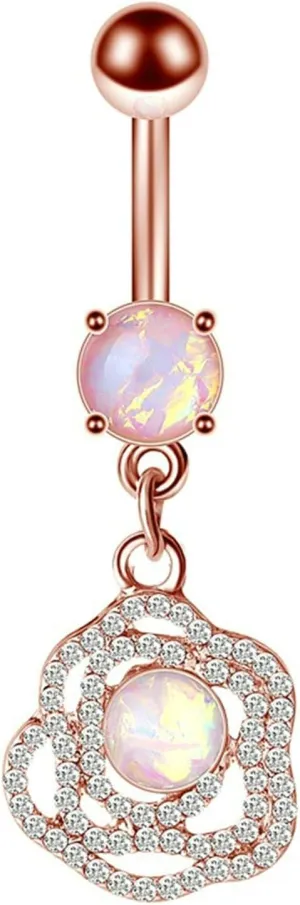Dangle Navel Ring Stainless Steel, CZ Navel Dangle Rings for Women Flower Rose Gold Navel Rings