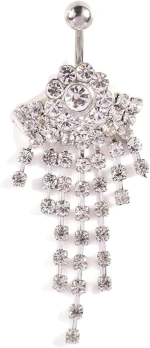 Dangle Navel Ring Stainless Steel, CZ Navel Rings for Women Set Flower Pendant White Belly Rings