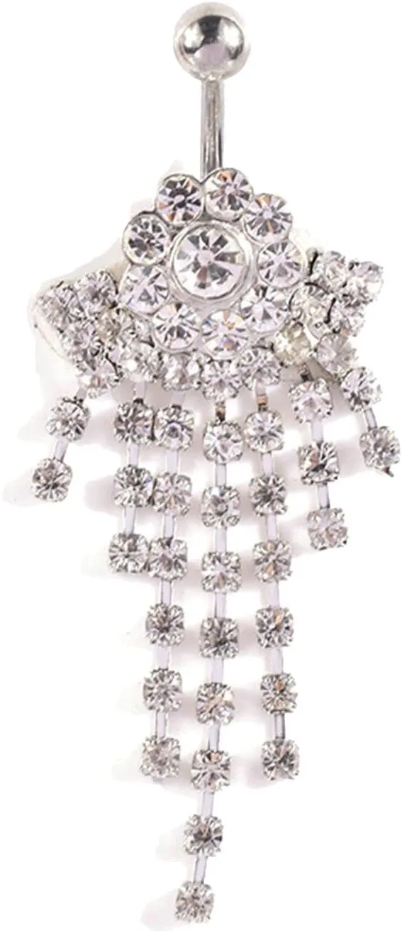 Dangle Navel Ring Stainless Steel, CZ Navel Rings for Women Set Flower Pendant White Belly Rings