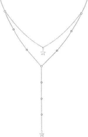DAOCHONG S925 Sterling Silver Double Chain Bead Star 2 Layered Y Necklace for Women Birthday Graduation Gift Y2K Jewelry (Layered Star)