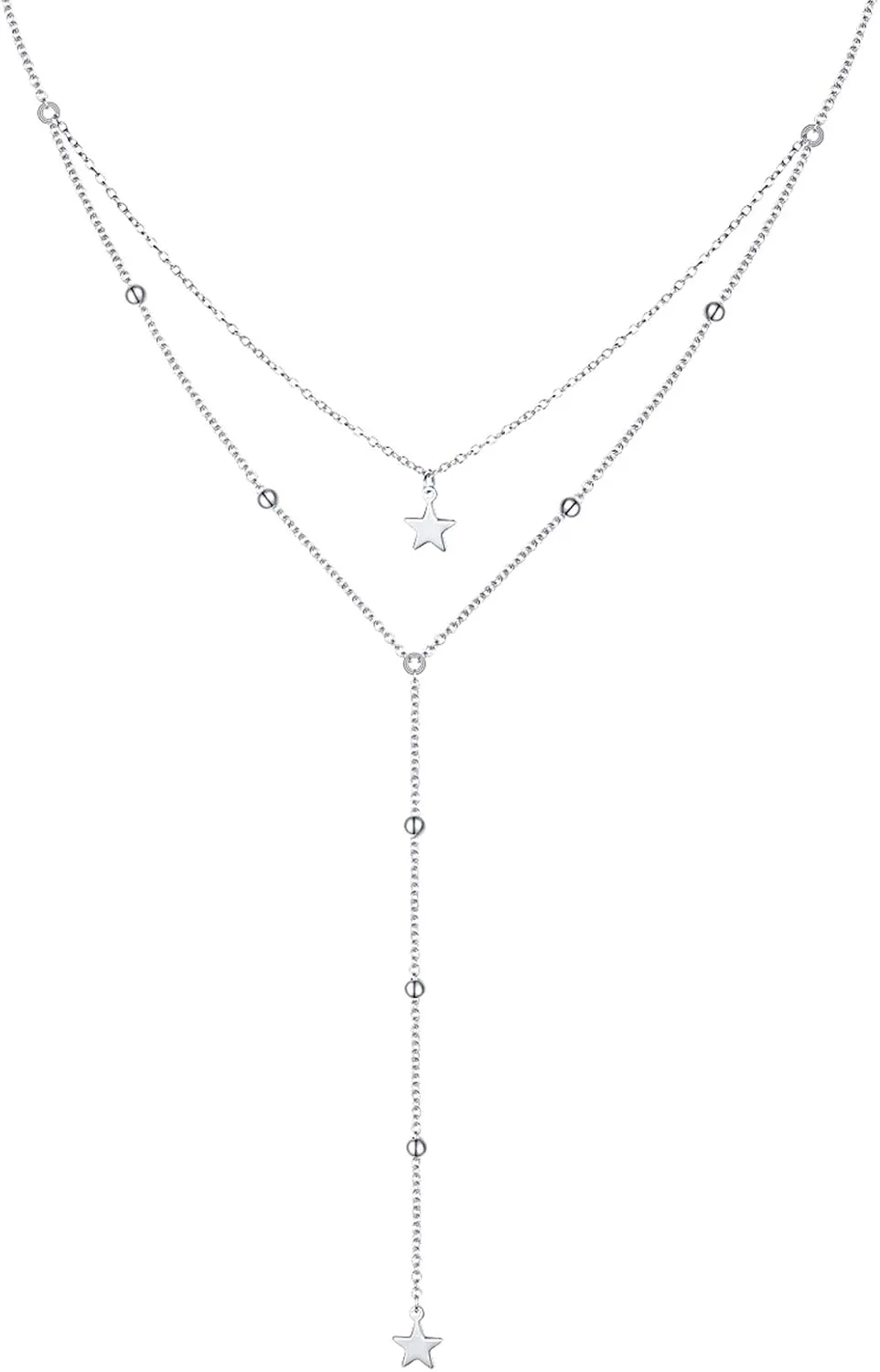 DAOCHONG S925 Sterling Silver Double Chain Bead Star 2 Layered Y Necklace for Women Birthday Graduation Gift Y2K Jewelry (Layered Star)