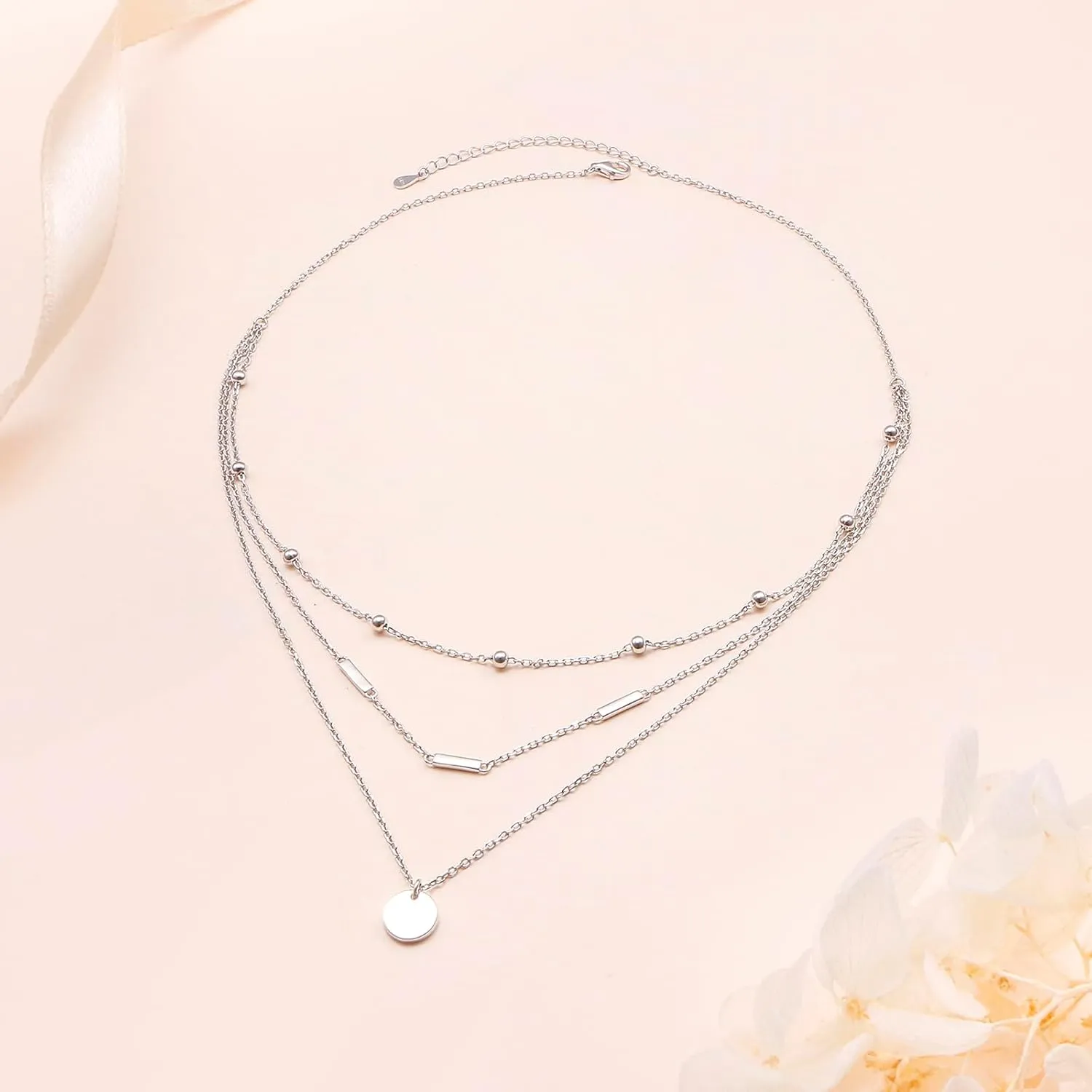 DAOCHONG S925 Sterling Silver Triple Layer Pendant Choker Necklace for Women 16" 2"
