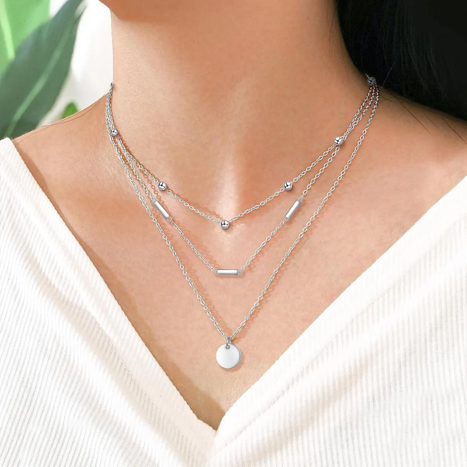 DAOCHONG S925 Sterling Silver Triple Layer Pendant Choker Necklace for Women 16" 2"