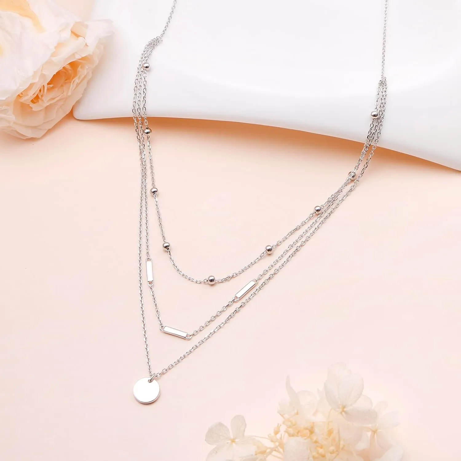 DAOCHONG S925 Sterling Silver Triple Layer Pendant Choker Necklace for Women 16" 2"
