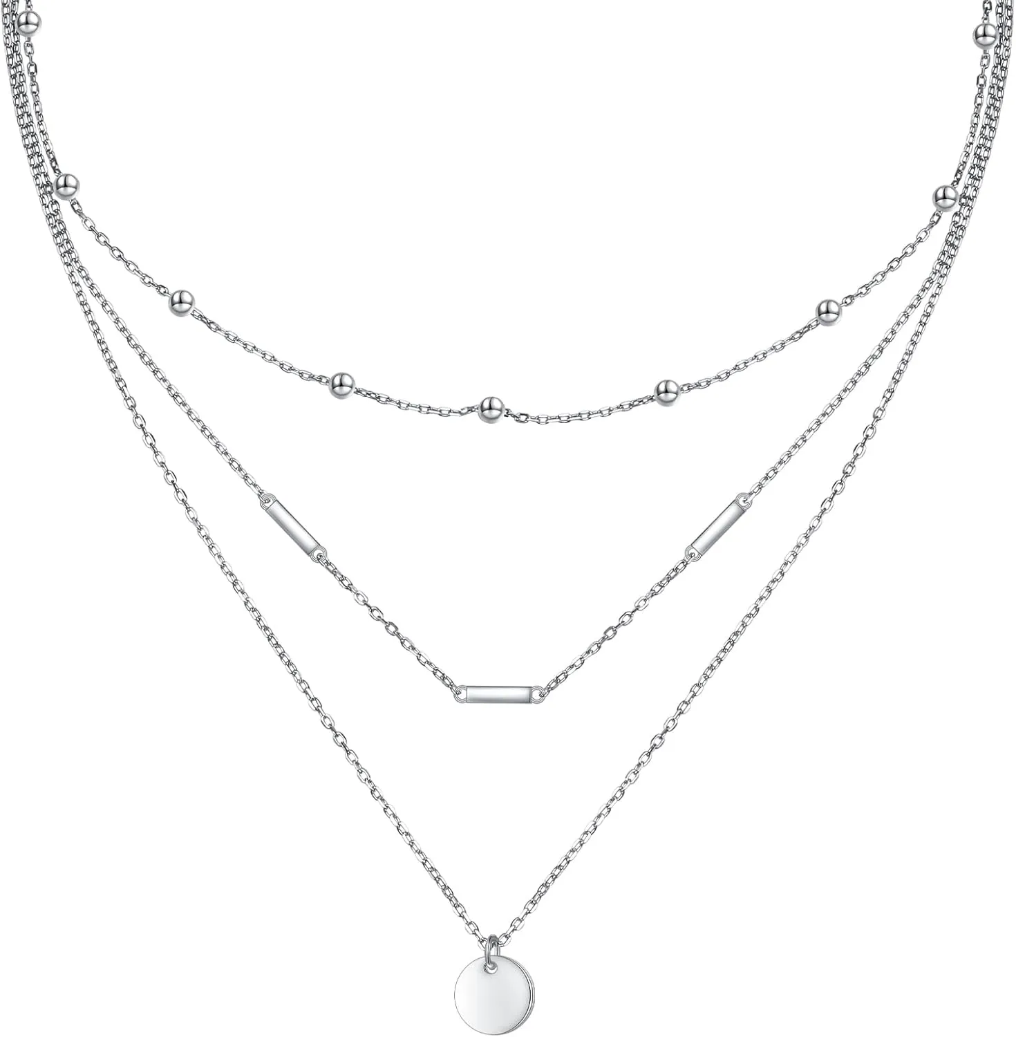 DAOCHONG S925 Sterling Silver Triple Layer Pendant Choker Necklace for Women 16" 2"