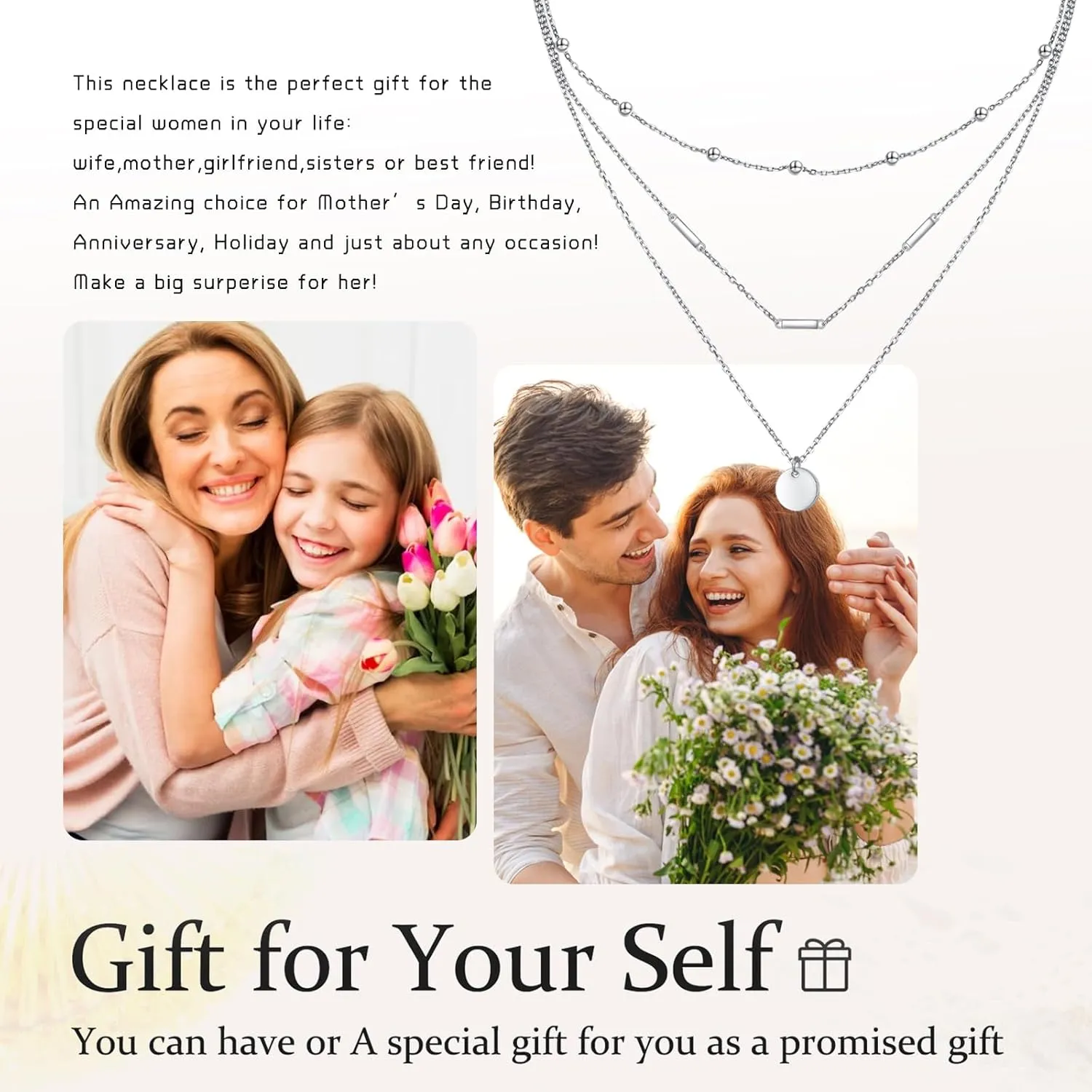 DAOCHONG S925 Sterling Silver Triple Layer Pendant Choker Necklace for Women 16" 2"