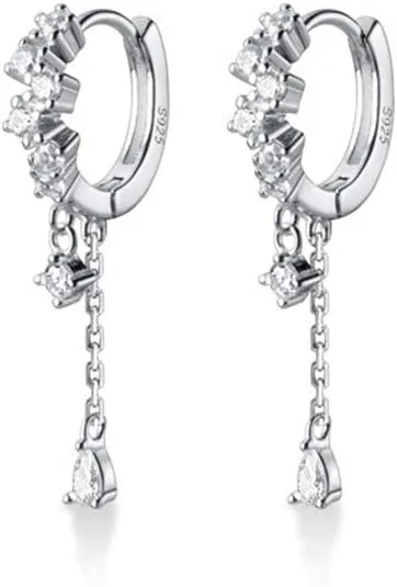 Delicate Crystal Small Hoop Earrings S925 Sterling Silver for Women Cubic Zirconia Diamond Dangling Charm Tassel Chain Round Huggie Hoops Cartilage Earring Ear Jewelry Gifts Hypoallergenic