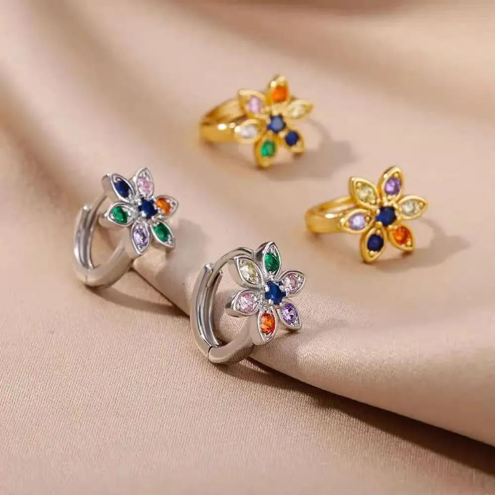 Delicate CZ Flower Tiny Hoop Earrings For Women Hypoallergenic 14K Gold Plated Colorful Cubic Zirconia Small Cartilage Cuff Huggie Hoops Minimalism Trendy Christmas Party Jewelry Gift