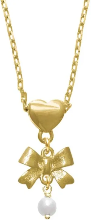 Delight Jewelry Plated 6mm Glass Imitation Pearl Bead Drop Plated Bow Heart Necklace, 18 2" Extender