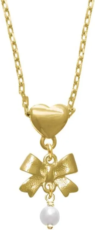 Delight Jewelry Plated 6mm Glass Imitation Pearl Bead Drop Plated Bow Heart Necklace, 18 2" Extender