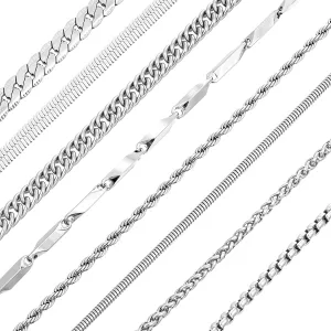 DIVINA VITAE Mens Necklace Set, 8Pcs Stainless Steel Chain Necklace for Men Women 21.65 Inch Long Silver Necklace Chain for Jewelry Making, Figaro Chain, Cuban Link Chain