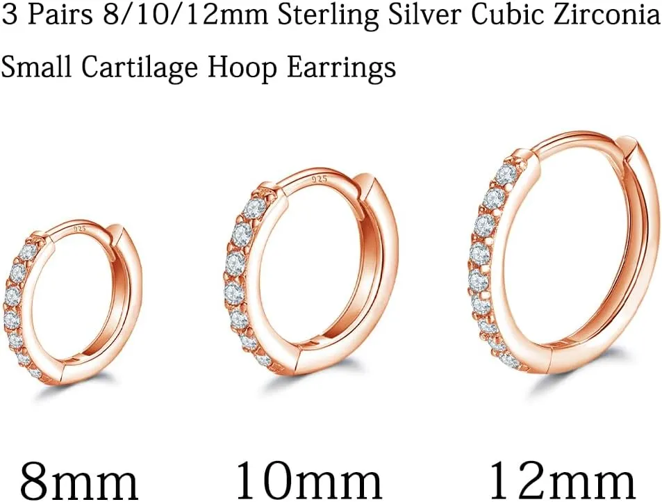 Dlihc Sterling Silver Hoop Earrings Sterling Silver Stud Earrings for Women 6 Pairs Hypoallergenic Tiny Cubic Zirconia Stud Set Cartilage Hoops
