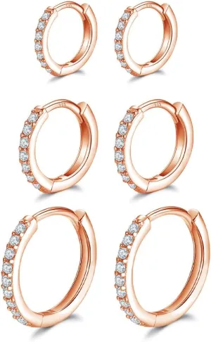 Dlihc Sterling Silver Hoop Earrings Sterling Silver Stud Earrings for Women 6 Pairs Hypoallergenic Tiny Cubic Zirconia Stud Set Cartilage Hoops