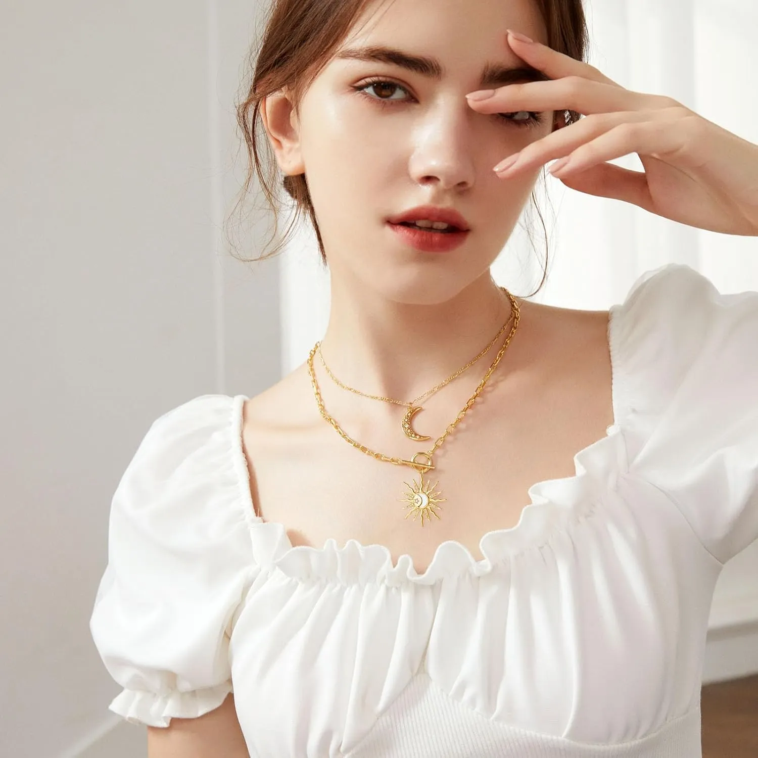 DoreenBeads 18K Gold Sun Moon Star Compass Pendant Necklace Chunky Toggle Paperclip Chain Necklace with Heart Daisy Bee Charms for Women Girls 20 Inches