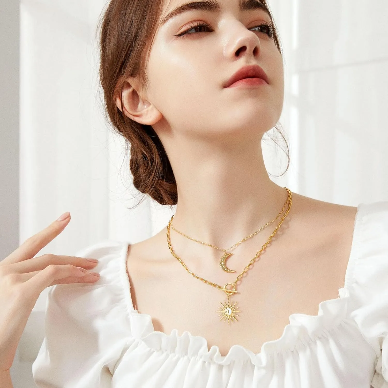 DoreenBeads 18K Gold Sun Moon Star Compass Pendant Necklace Chunky Toggle Paperclip Chain Necklace with Heart Daisy Bee Charms for Women Girls 20 Inches