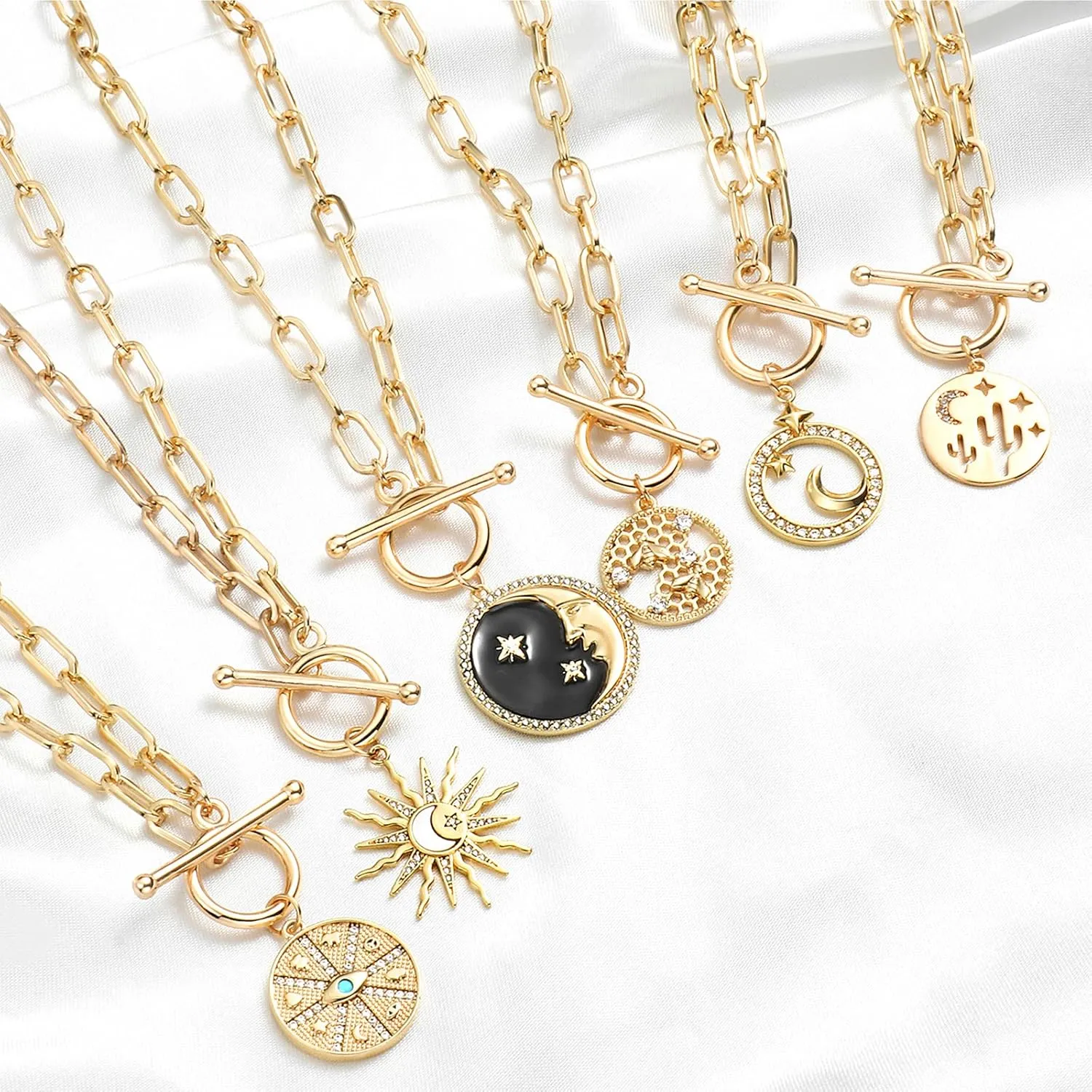 DoreenBeads 18K Gold Sun Moon Star Compass Pendant Necklace Chunky Toggle Paperclip Chain Necklace with Heart Daisy Bee Charms for Women Girls 20 Inches