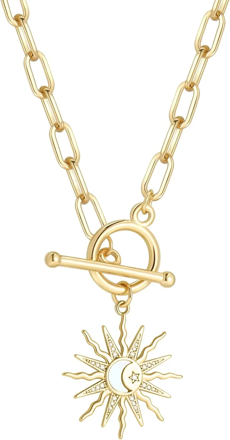 DoreenBeads 18K Gold Sun Moon Star Compass Pendant Necklace Chunky Toggle Paperclip Chain Necklace with Heart Daisy Bee Charms for Women Girls 20 Inches