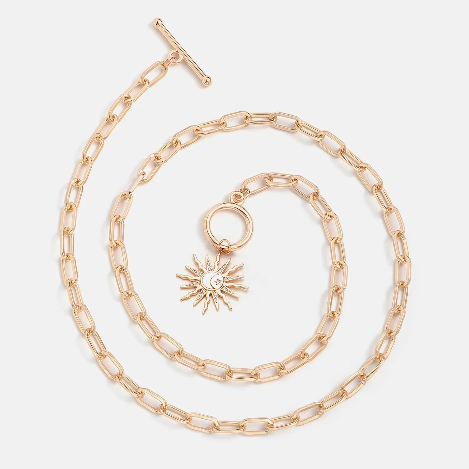 DoreenBeads 18K Gold Sun Moon Star Compass Pendant Necklace Chunky Toggle Paperclip Chain Necklace with Heart Daisy Bee Charms for Women Girls 20 Inches