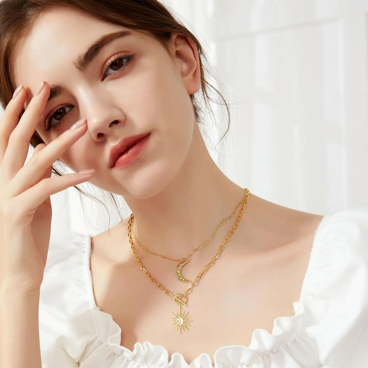 DoreenBeads 18K Gold Sun Moon Star Compass Pendant Necklace Chunky Toggle Paperclip Chain Necklace with Heart Daisy Bee Charms for Women Girls 20 Inches