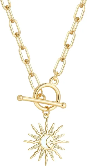 DoreenBeads 18K Gold Sun Moon Star Compass Pendant Necklace Chunky Toggle Paperclip Chain Necklace with Heart Daisy Bee Charms for Women Girls 20 Inches