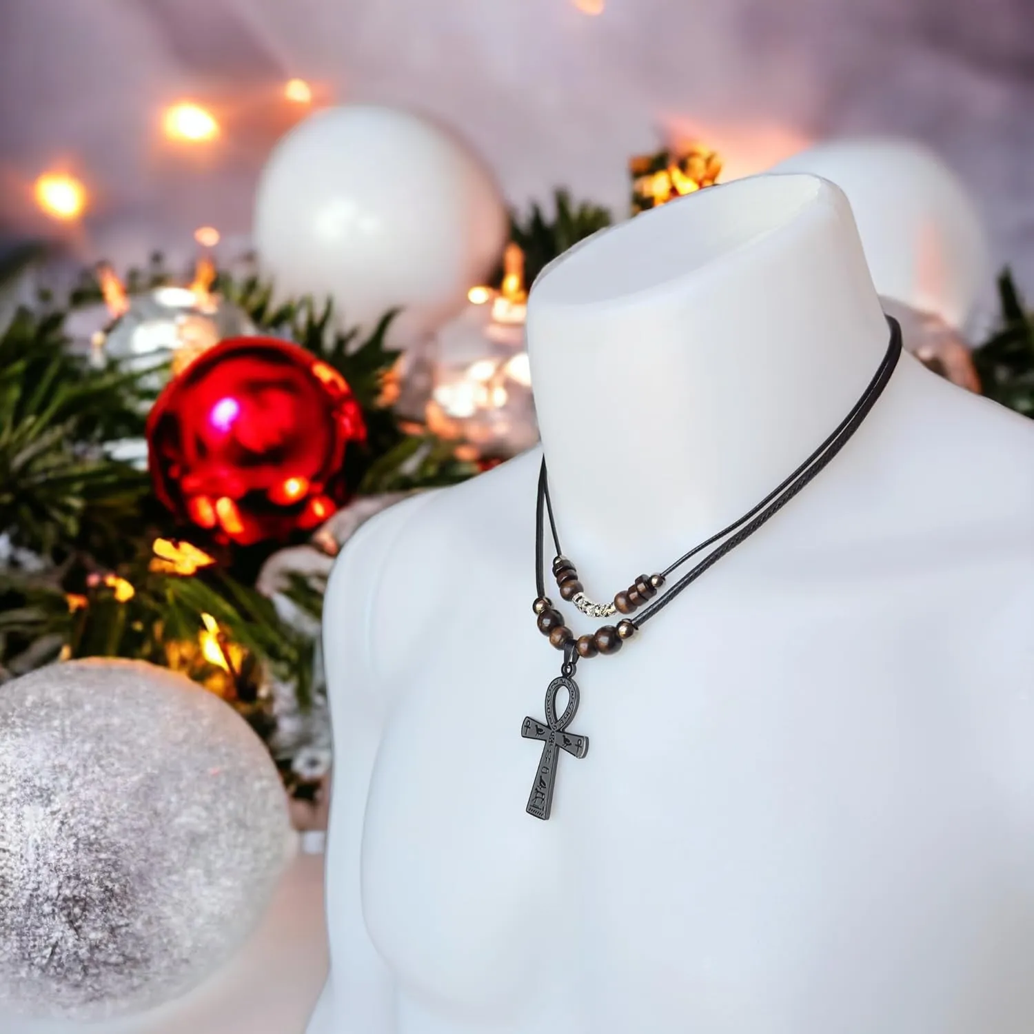 Double Layer Egyptian Necklace Ankh Cross Pendant for Men Women Stainless Steel Ancient Egyptian Hieroglyphic Symbol Necklace (Black)