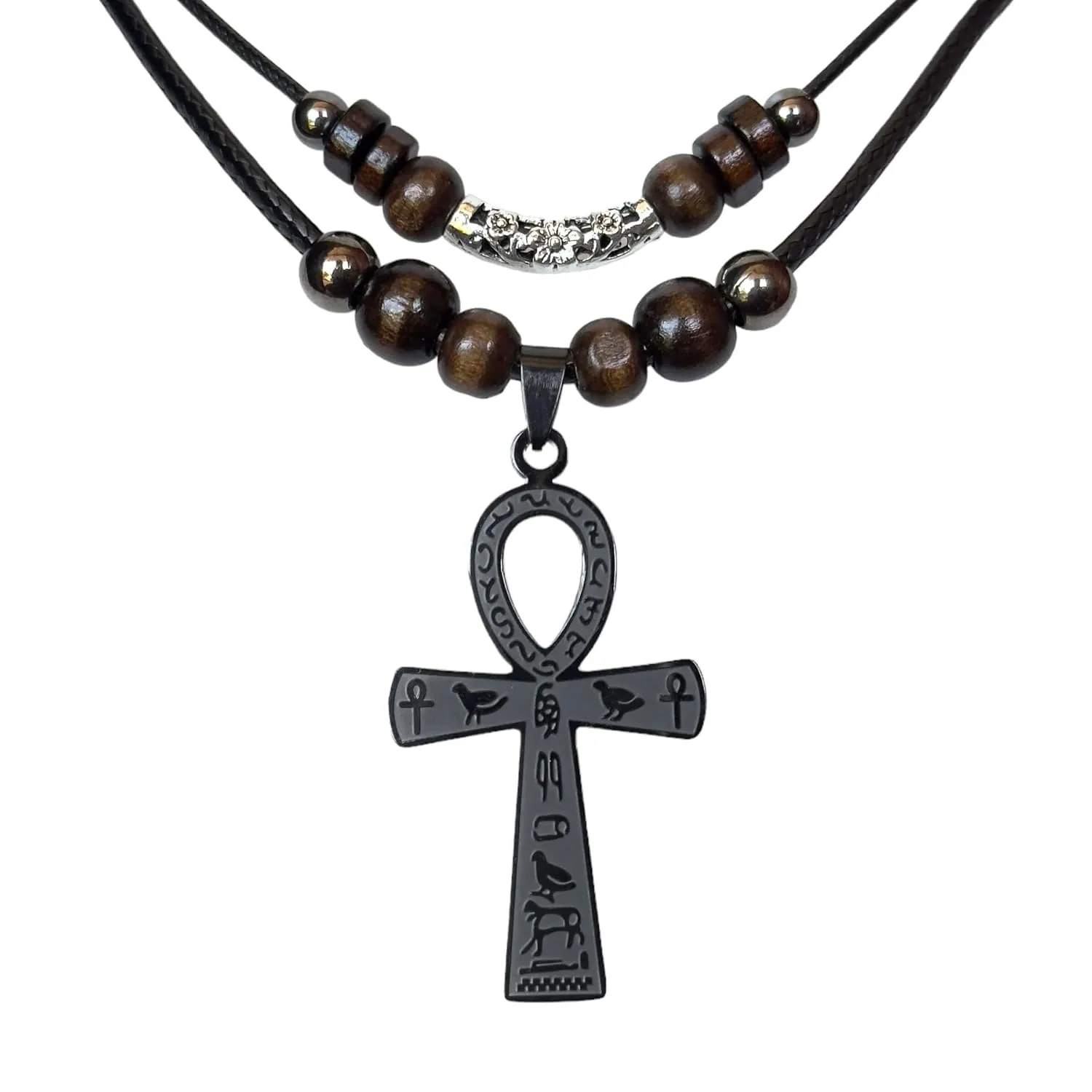 Double Layer Egyptian Necklace Ankh Cross Pendant for Men Women Stainless Steel Ancient Egyptian Hieroglyphic Symbol Necklace (Black)