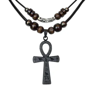 Double Layer Egyptian Necklace Ankh Cross Pendant for Men Women Stainless Steel Ancient Egyptian Hieroglyphic Symbol Necklace (Black)