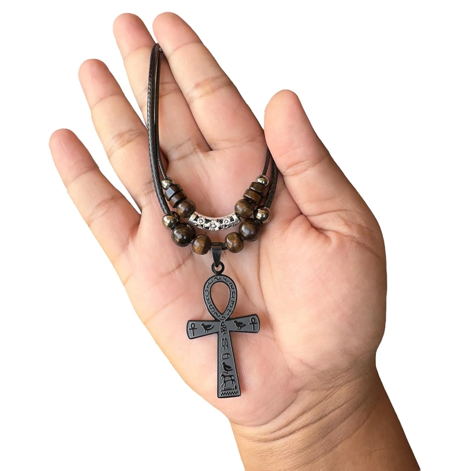 Double Layer Egyptian Necklace Ankh Cross Pendant for Men Women Stainless Steel Ancient Egyptian Hieroglyphic Symbol Necklace (Black)