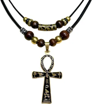 Double Layer Egyptian Necklace Ankh Cross Pendant Necklace Stainless Steel Ancient Egyptian Hieroglyphic Symbol Necklace for Men Women