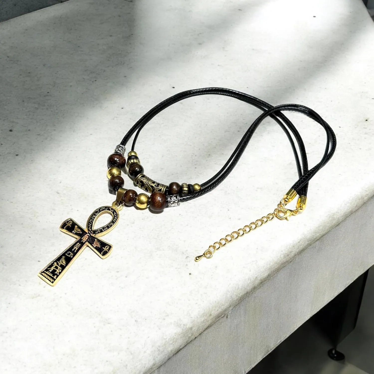 Double Layer Egyptian Necklace Ankh Cross Pendant Necklace Stainless Steel Ancient Egyptian Hieroglyphic Symbol Necklace for Men Women