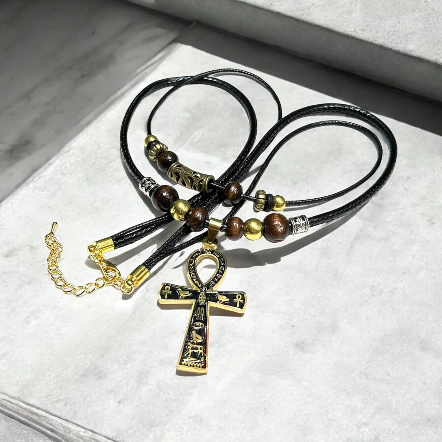 Double Layer Egyptian Necklace Ankh Cross Pendant Necklace Stainless Steel Ancient Egyptian Hieroglyphic Symbol Necklace for Men Women