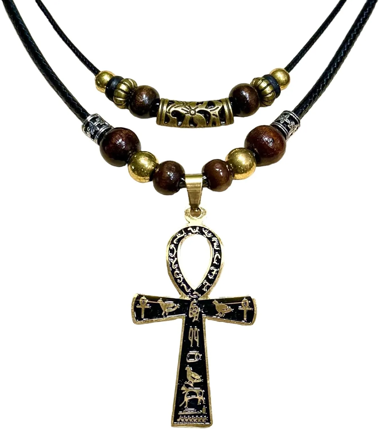 Double Layer Egyptian Necklace Ankh Cross Pendant Necklace Stainless Steel Ancient Egyptian Hieroglyphic Symbol Necklace for Men Women