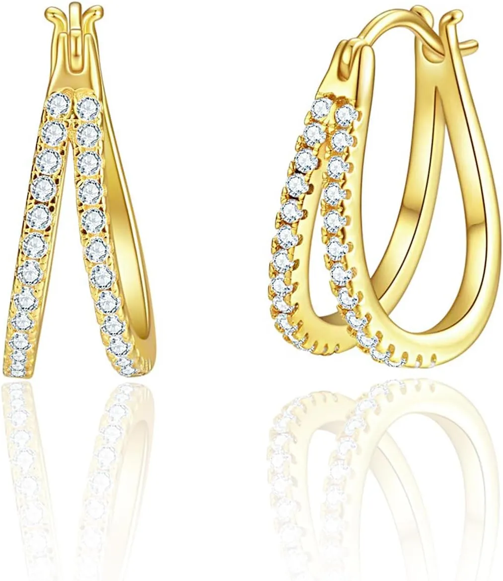 E Hypoallergenic 14K Gold Plated Hoop Earrings for Women, Double Hoops Earrings Plated Diamond with Cubic Zirconia Pave Cluster Lightweight Hoops Earrings for Lover Anniversary Birthday