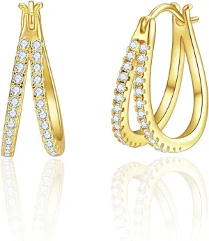 E Hypoallergenic 14K Gold Plated Hoop Earrings for Women, Double Hoops Earrings Plated Diamond with Cubic Zirconia Pave Cluster Lightweight Hoops Earrings for Lover Anniversary Birthday