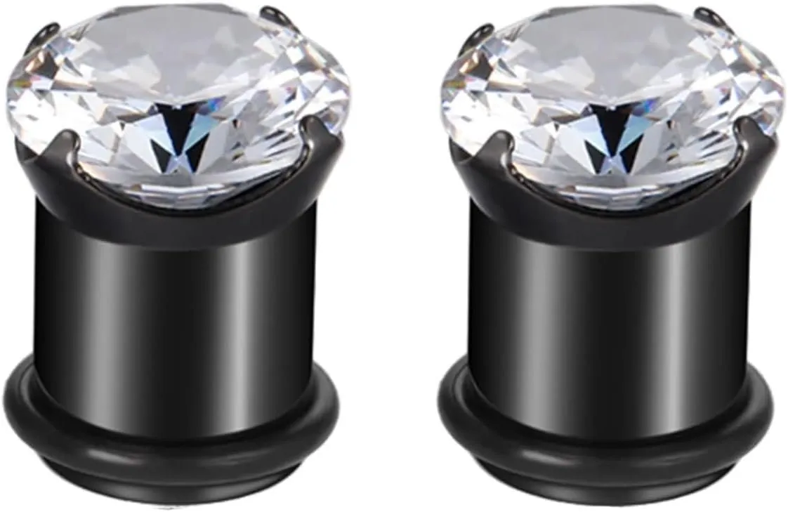 Ear Plugs, 2PCS Stainless Steel Ear Gauges 4 Claws Round Cubic Zirconia Ear Gauges 00G Piercing Jewelry
