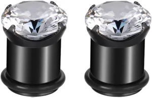 Ear Plugs, 2PCS Stainless Steel Ear Gauges 4 Claws Round Cubic Zirconia Ear Gauges 00G Piercing Jewelry