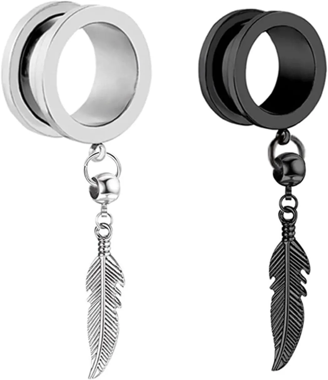 Ear Plugs, 2PCS Stainless Steel Ear Gauges Hollow Round with Plume Dangle Gauges Tunnels Ear Piercing Jewelry